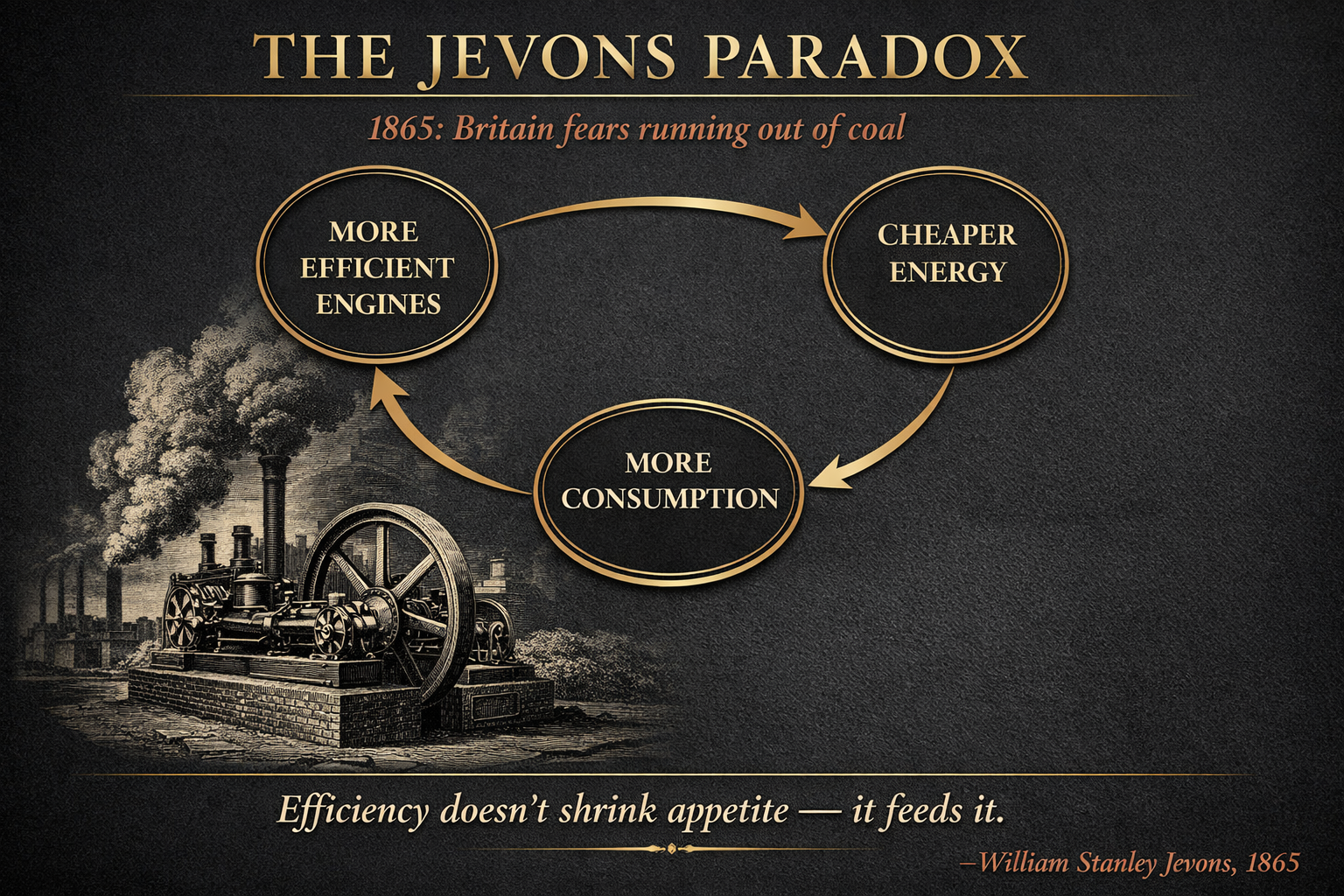 The Jevons Paradox: more efficient engines lead to cheaper energy lead to more consumption, looping. A Victorian steam engine engraving under gold circles.